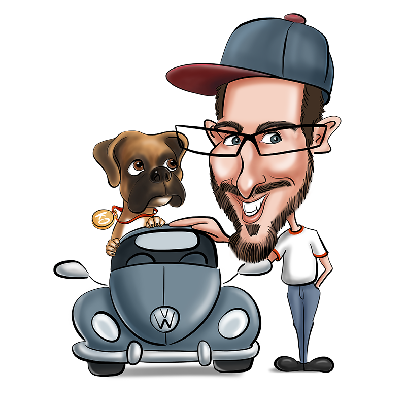 Caricature d'un homme avec une mise en scène de la voiture et du chien